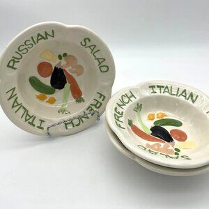 Set of Three Ceramic VTG 80s Salad Bowl Set Dressing Verbiage Colorful Veggies